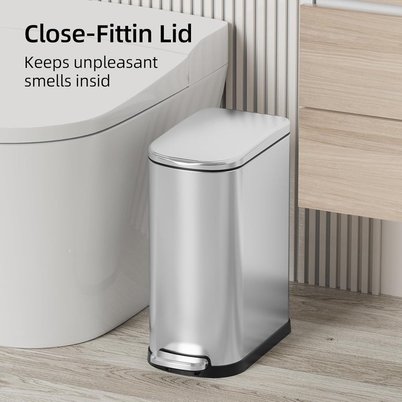 KUK Slim Bathroom Trash Can with Lid, 2.6 Gallon (10 L) Stainless Steel Step Small Garbage Can with Removable Inner Bucket, Soft Close, Anti-Fingerprint Finish (Silver) - Image 2